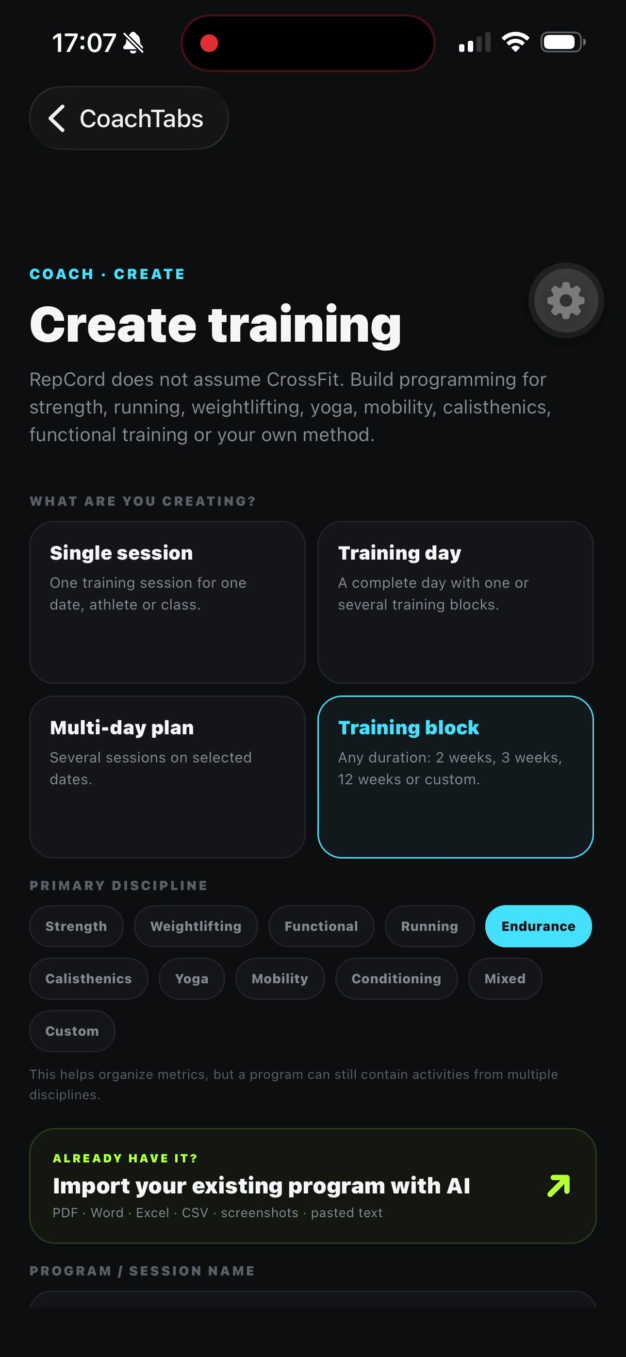 RepCord Coach create training screen