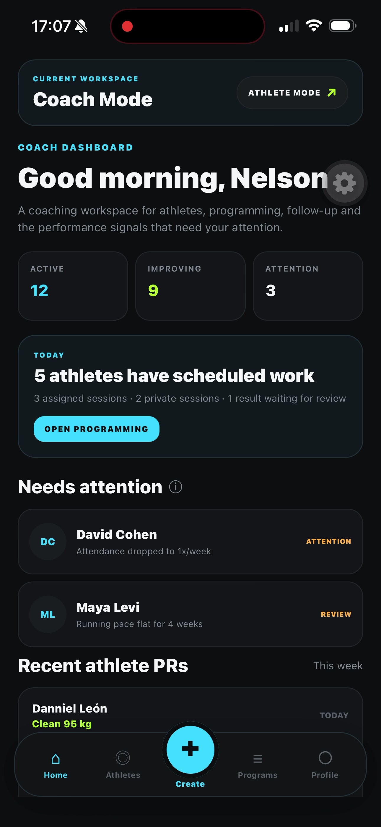 RepCord Coach Mode dashboard