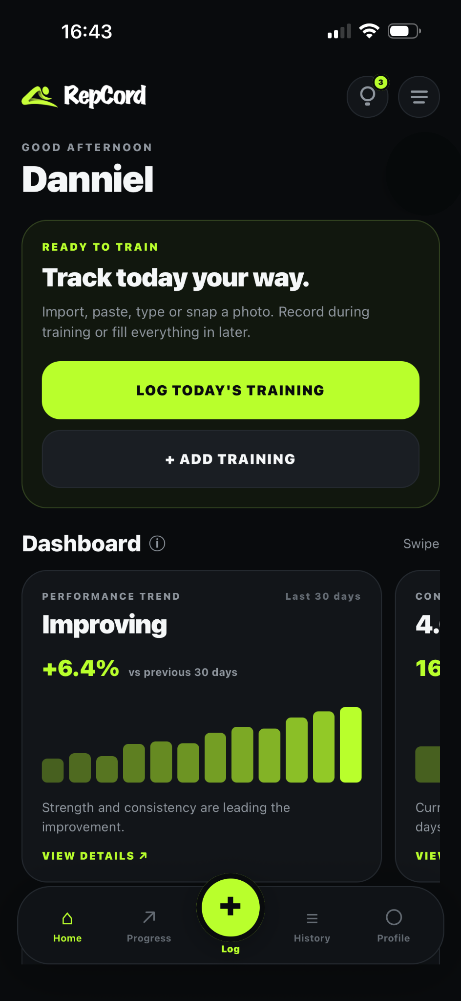 RepCord athlete home dashboard